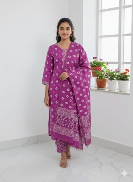 Elegant Purple Bandhani Print Cotton Kurti Set with Matching Pant & Dupatta