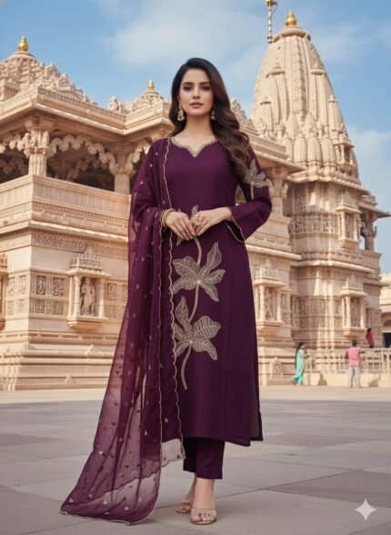 Elegant Deep Wine Kurti Pant Set with Golden Floral Embroidery & Sheer Dupatta