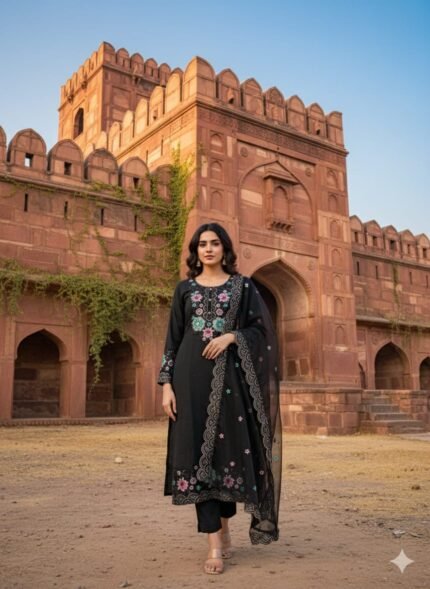 Midnight Black Kurti Pant Set with Multi-Color Floral Embroidery & Scalloped Dupatta