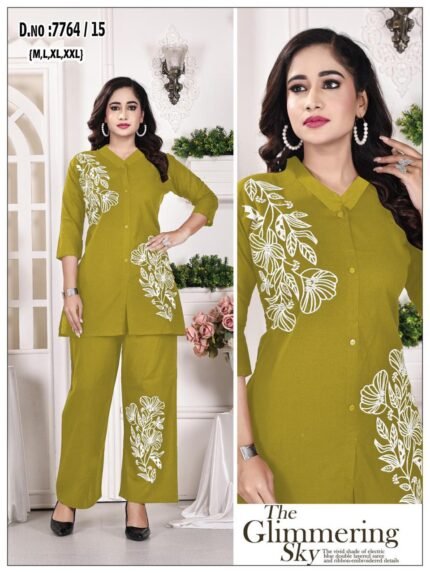 The Glimmering Sky: Meadow Olive Embroidered Tunic & Pant Set