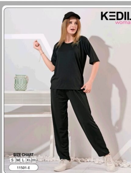 Midnight Comfort: Jet Black Relaxed Fit Lounge & Night Set