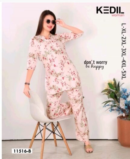 Blossom Bliss: Soft Peach Floral Print Lounge & Night Set