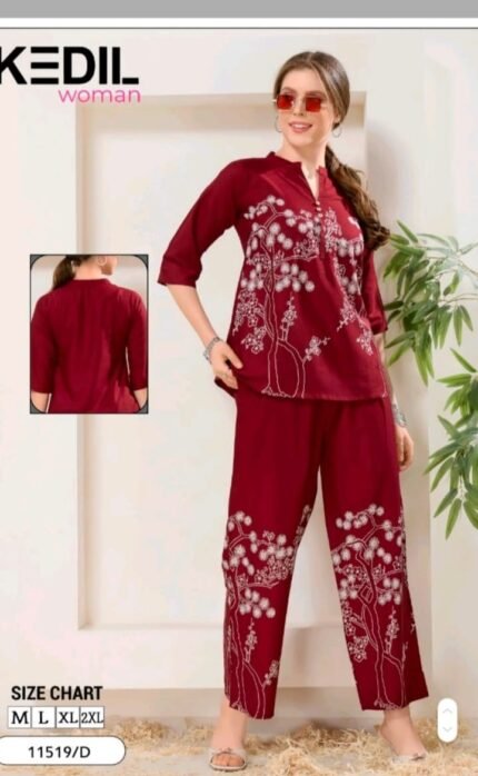 Maroon Elegance: Cherry Blossom Embroidered Night & Lounge Set