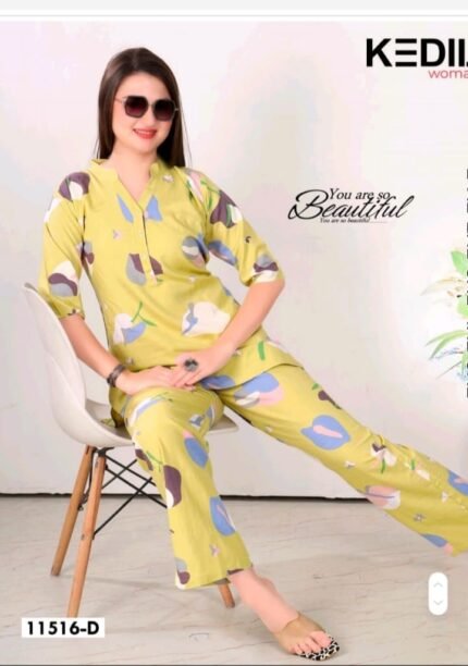 Vibrant Muse: Lime Green Abstract Print Lounge & Night Set